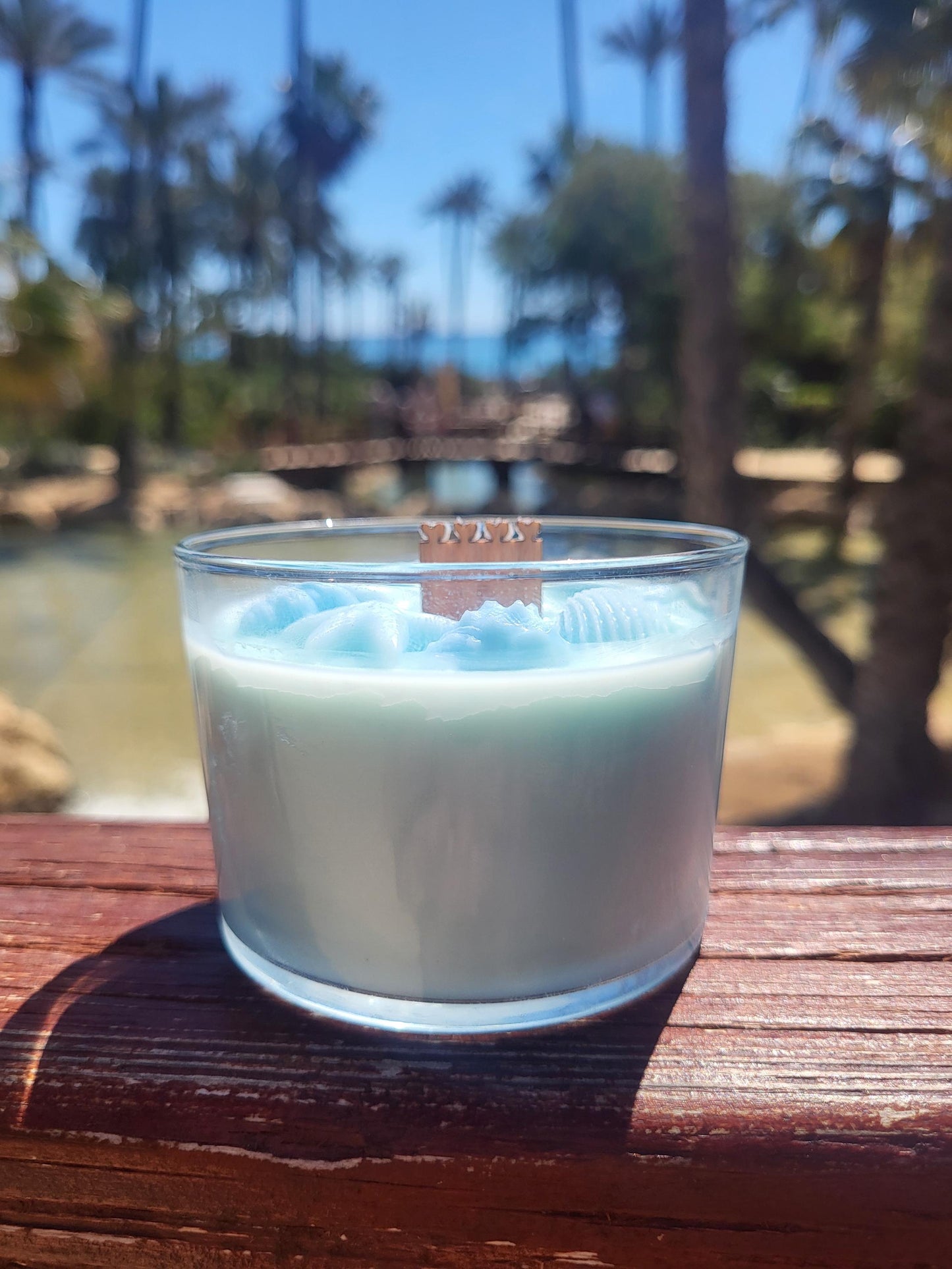 Ocean Breeze Soy Candle: Coastal Decor with Wooden Wick & Seashells