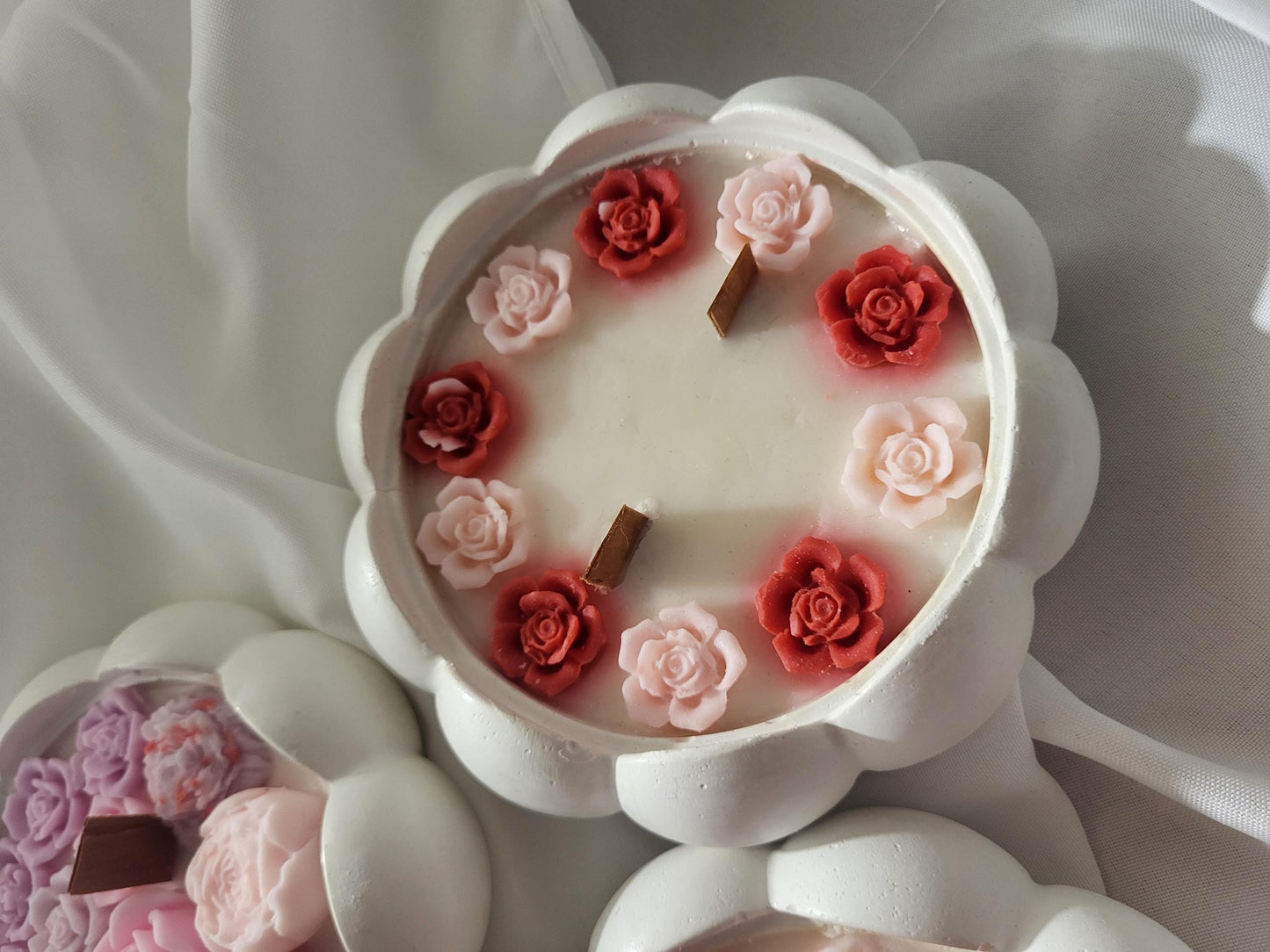 Floral Soy Candle Bowl: Handmade Cement Pot, Wooden Wick