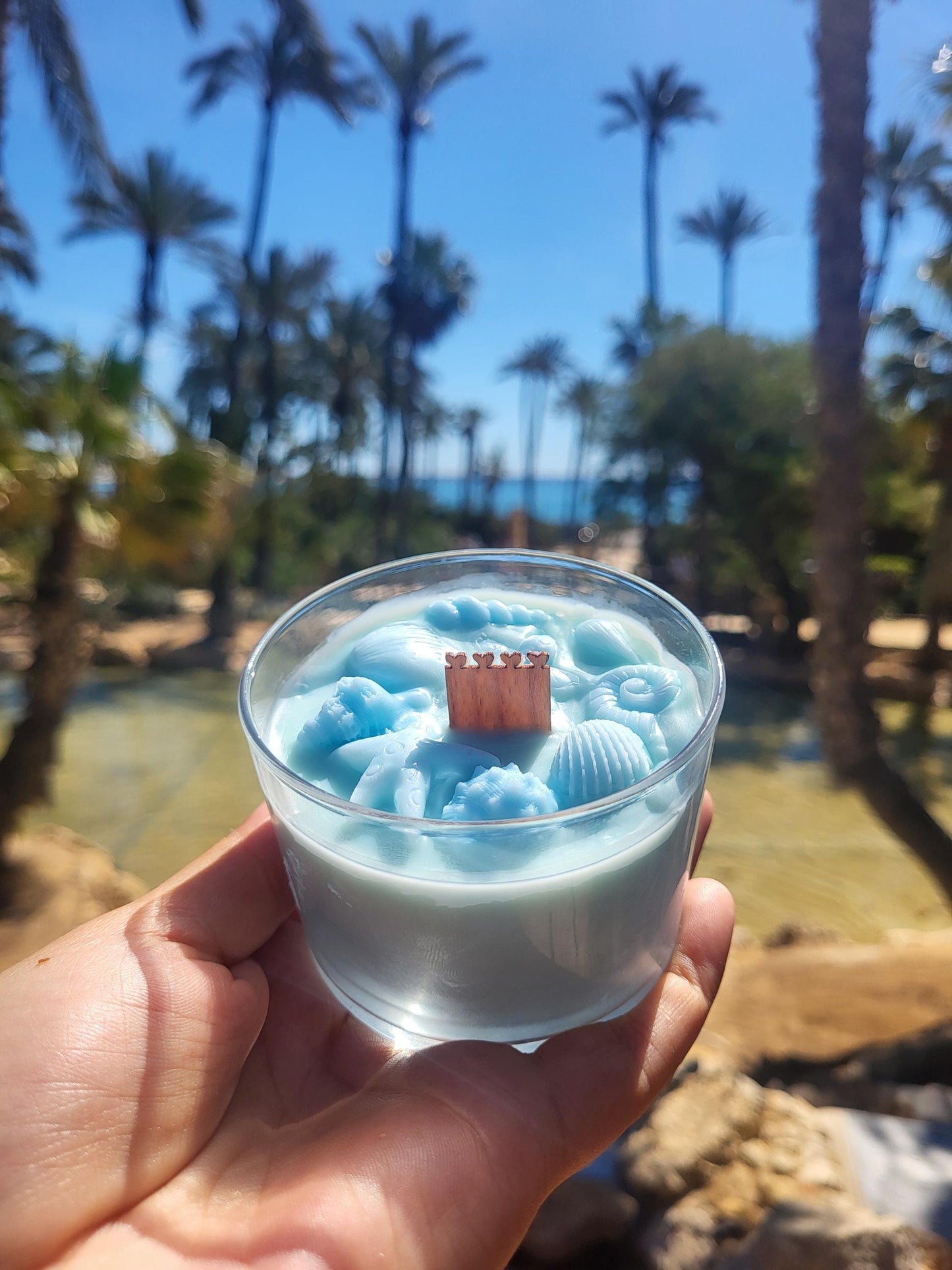 Ocean Breeze Soy Candle: Coastal Decor with Wooden Wick & Seashells