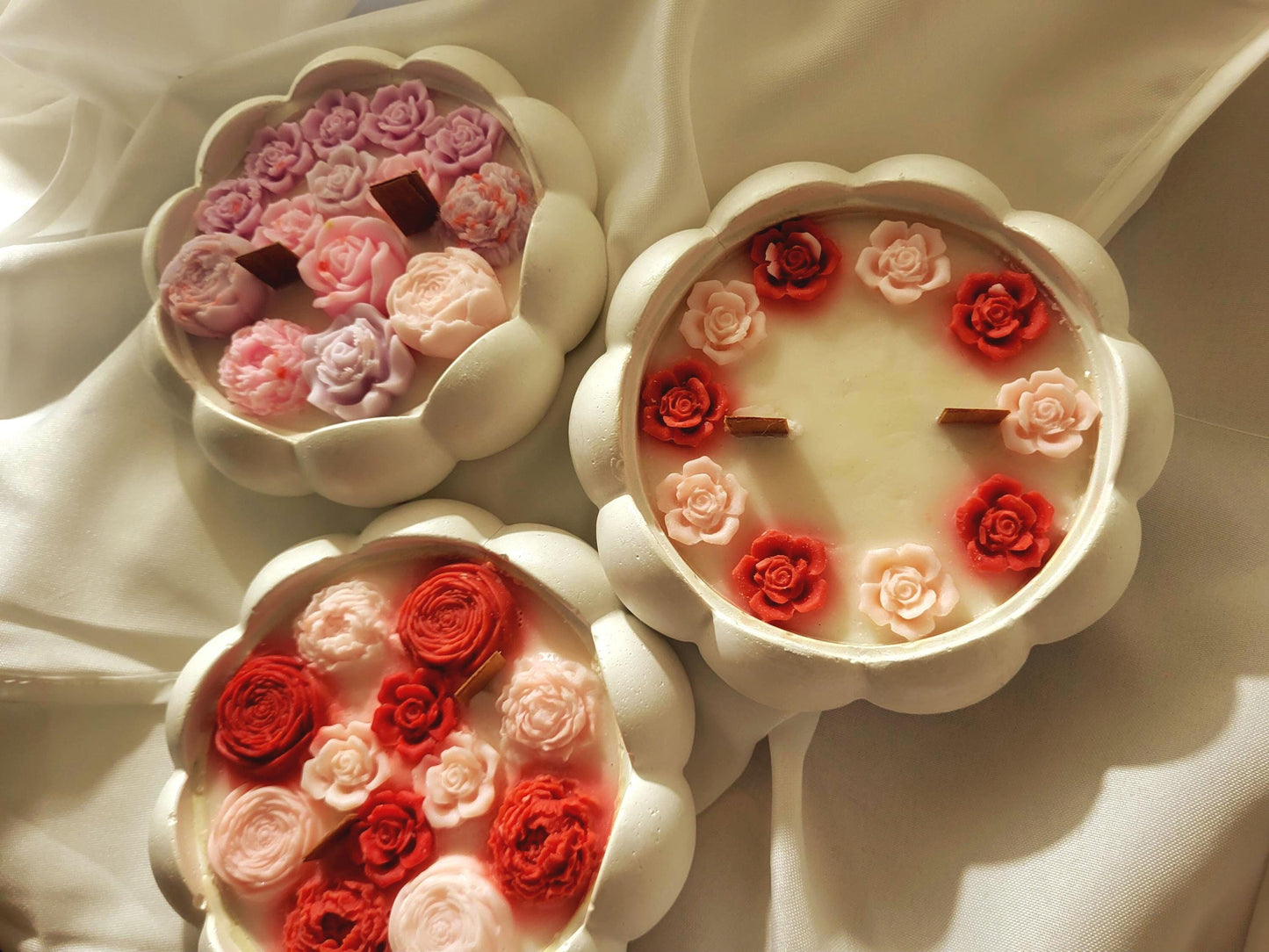 Floral Soy Candle Bowl: Handmade Cement Pot, Wooden Wick
