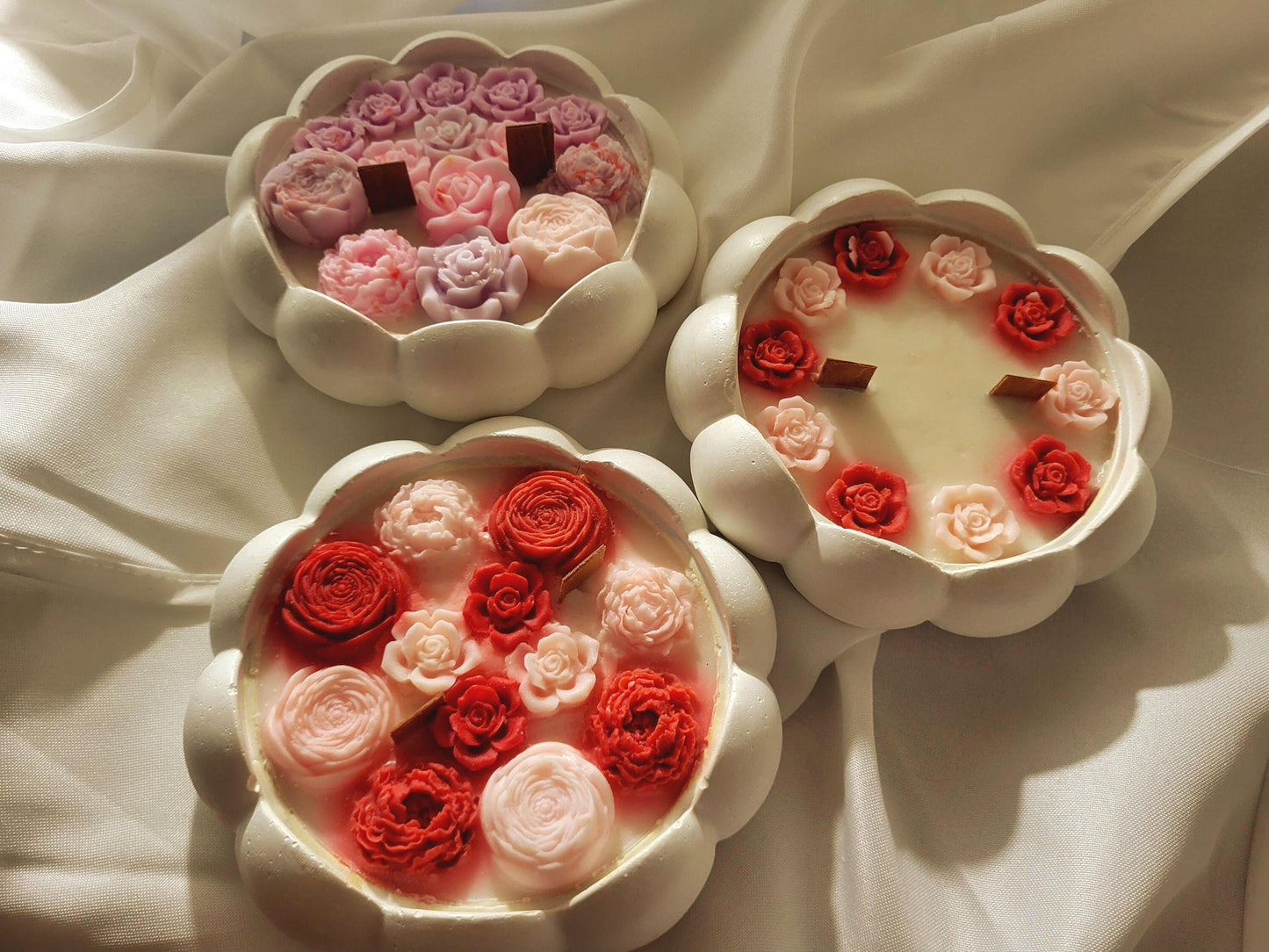 Floral Soy Candle Bowl: Handmade Cement Pot, Wooden Wick