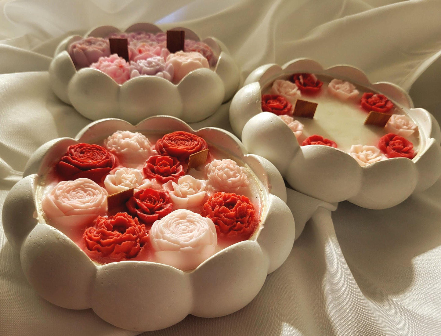Floral Soy Candle Bowl: Handmade Cement Pot, Wooden Wick
