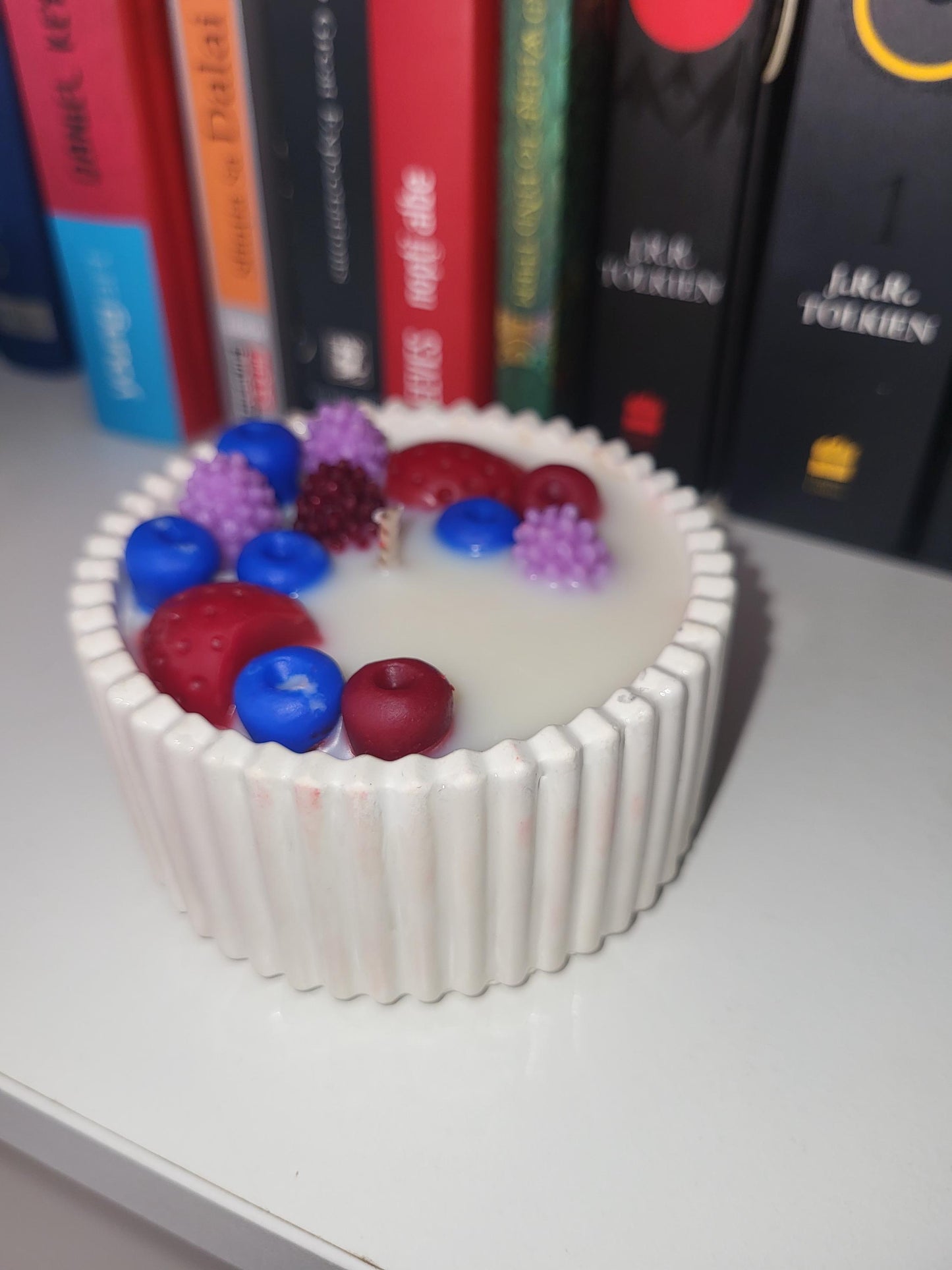 Pear & Freesia Scented Candle: Handmade Cement Pot, Soy Wax with Berries