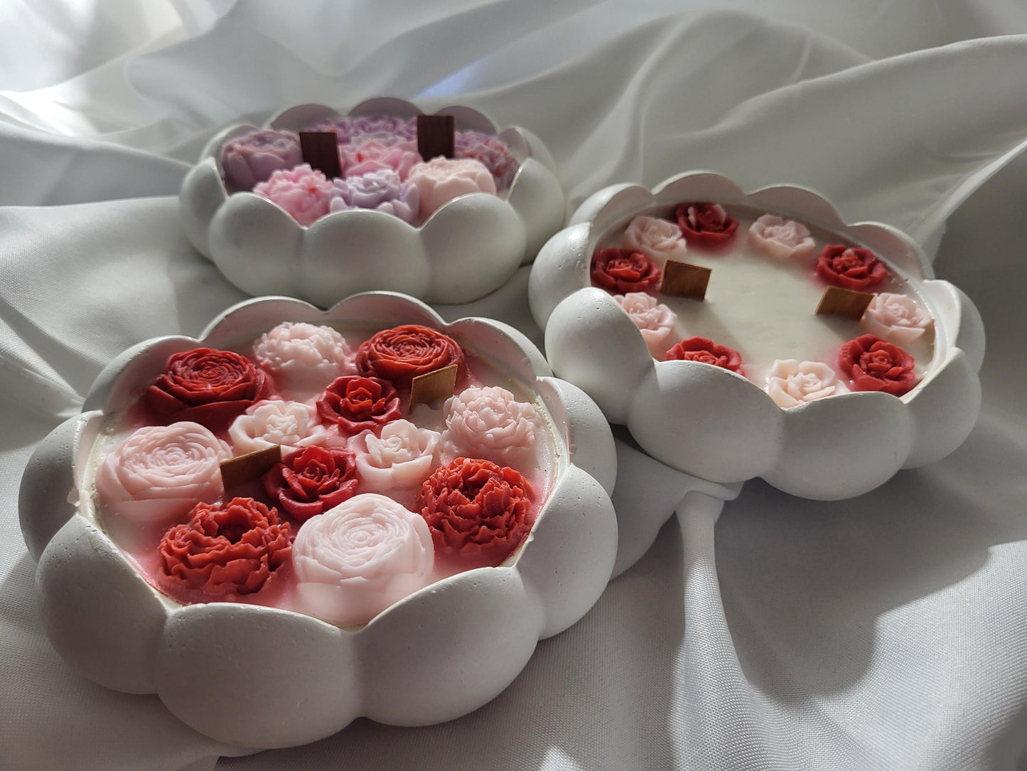 Floral Soy Candle Bowl: Handmade Cement Pot, Wooden Wick
