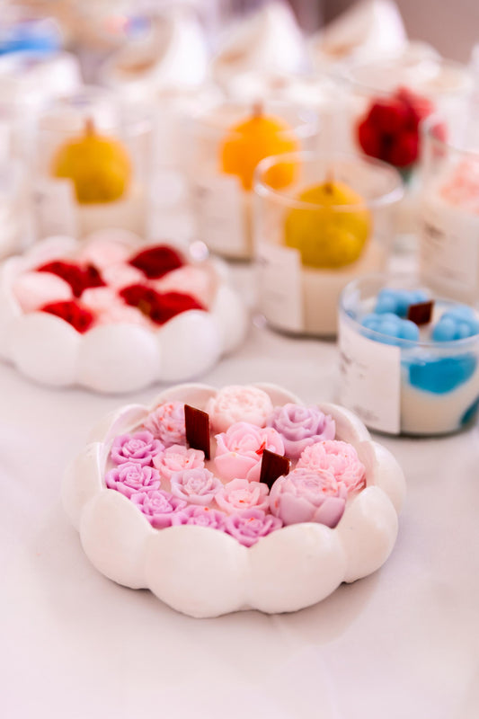 Floral Soy Candle Bowl: Handmade Cement Pot, Wooden Wick