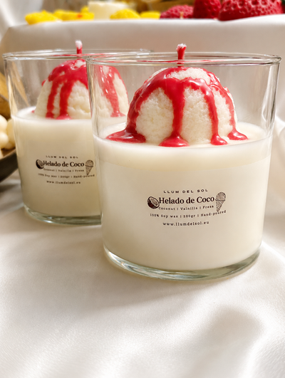 Vela HELADO DE COCO de Cera de Soja – Coco, Vainilla y Fresa Cremosa de Verano | LLUM DEL SOL
