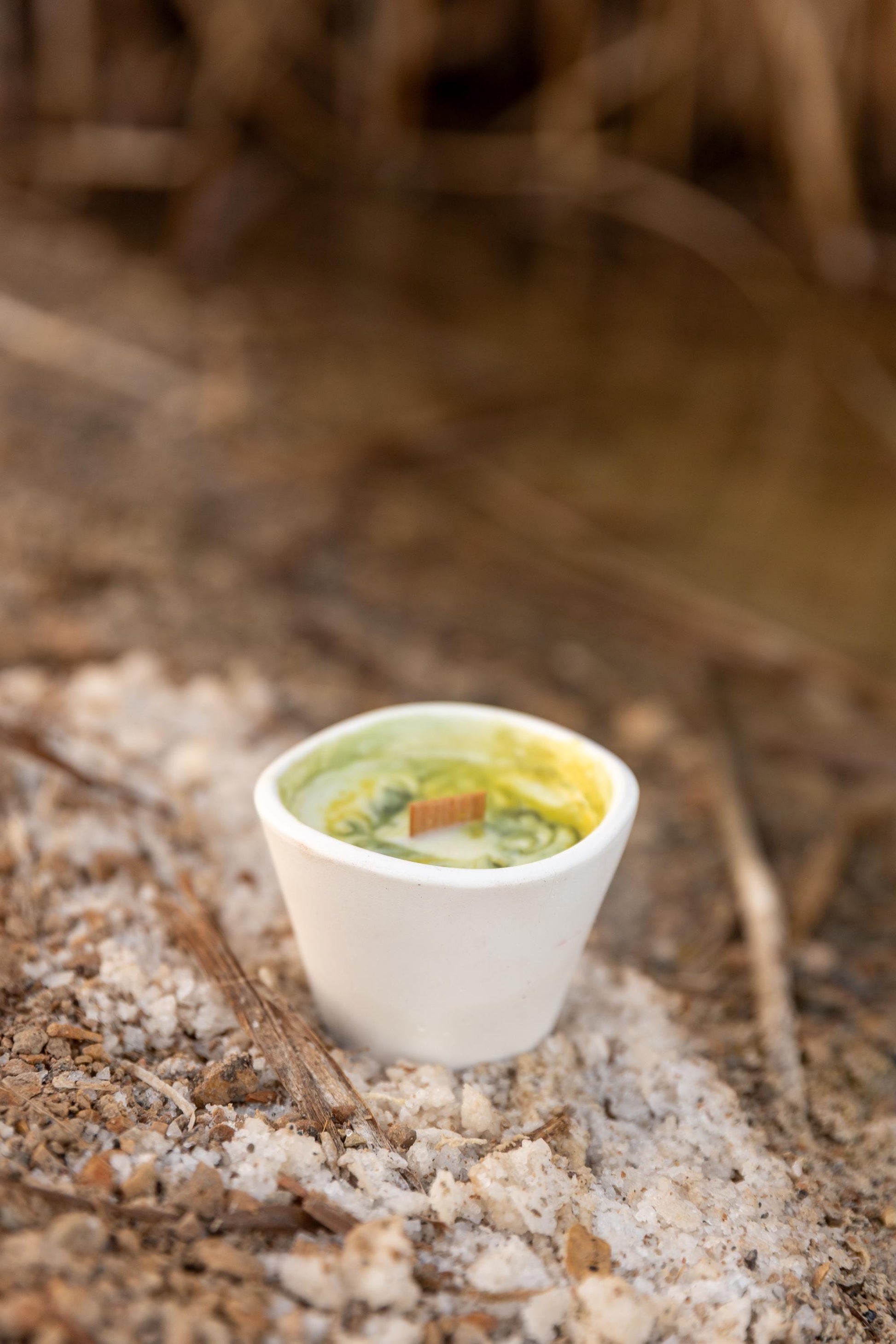 Vela de cera de soja pequeña blanca, en vaso de ceramica con cera verde y una mecha de madera, sobre un fondo lleno de hojas.