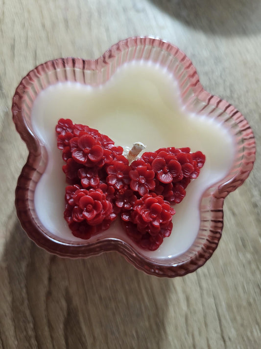 Butterfly Flower Soy Candle: Pear & Freesia Scent, Vegan Floral Wax Art