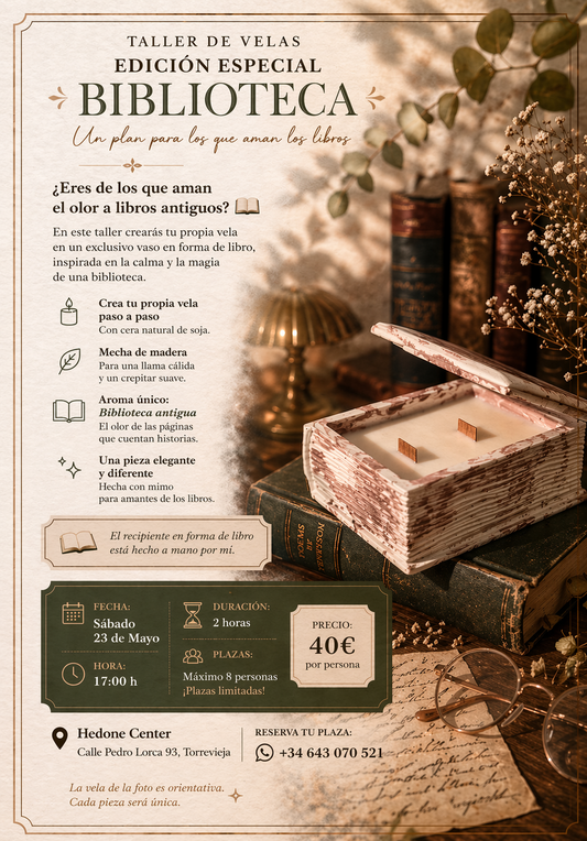 Taller de velas en Torrevieja vela forma libro aroma biblioteca