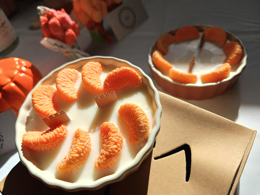 Orange Tart Candle – 250g Soy Wax Dessert Candle with Wooden Wicks | Orange Blossom Scent | White & Brown Pots