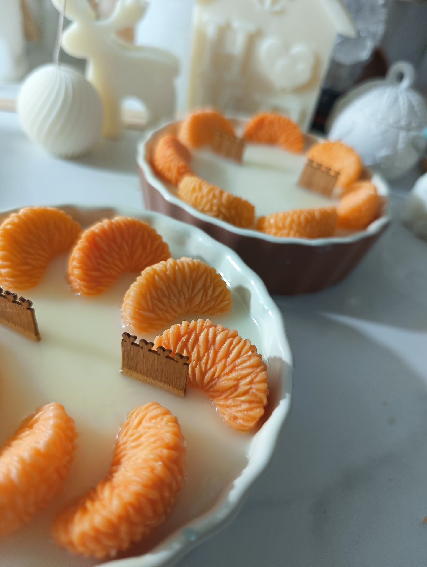 Orange Tart Candle – 250g Soy Wax Dessert Candle with Wooden Wicks | Orange Blossom Scent | White & Brown Pots