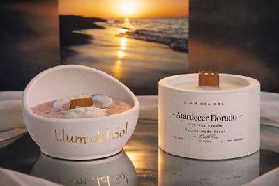 Vela Perfumada Atardecer Dorado — Vela Artesanal de Soja con Mecha de Madera | Aroma Ámbar y Vainilla | LLUM DEL SOL