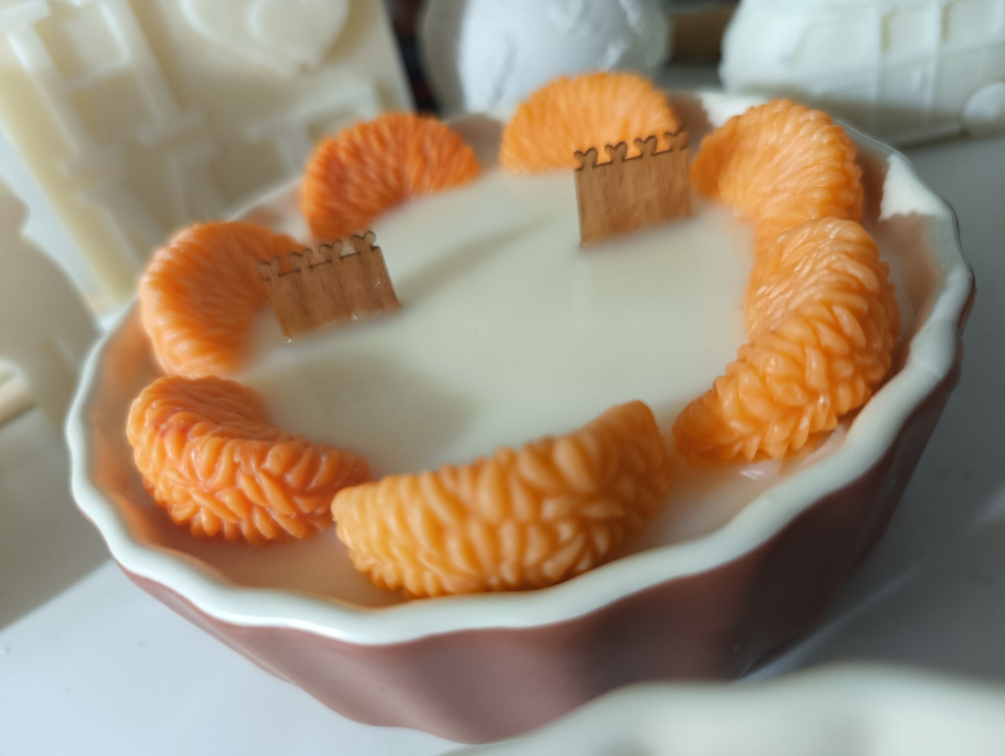 Orange Tart Candle – 250g Soy Wax Dessert Candle with Wooden Wicks | Orange Blossom Scent | White & Brown Pots